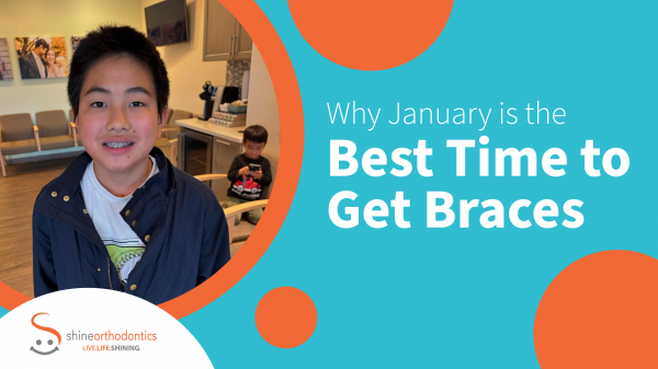 Boy smiling with braces and smaller kid with device behind him with text "Why January is the Best Time to Get Braces" 